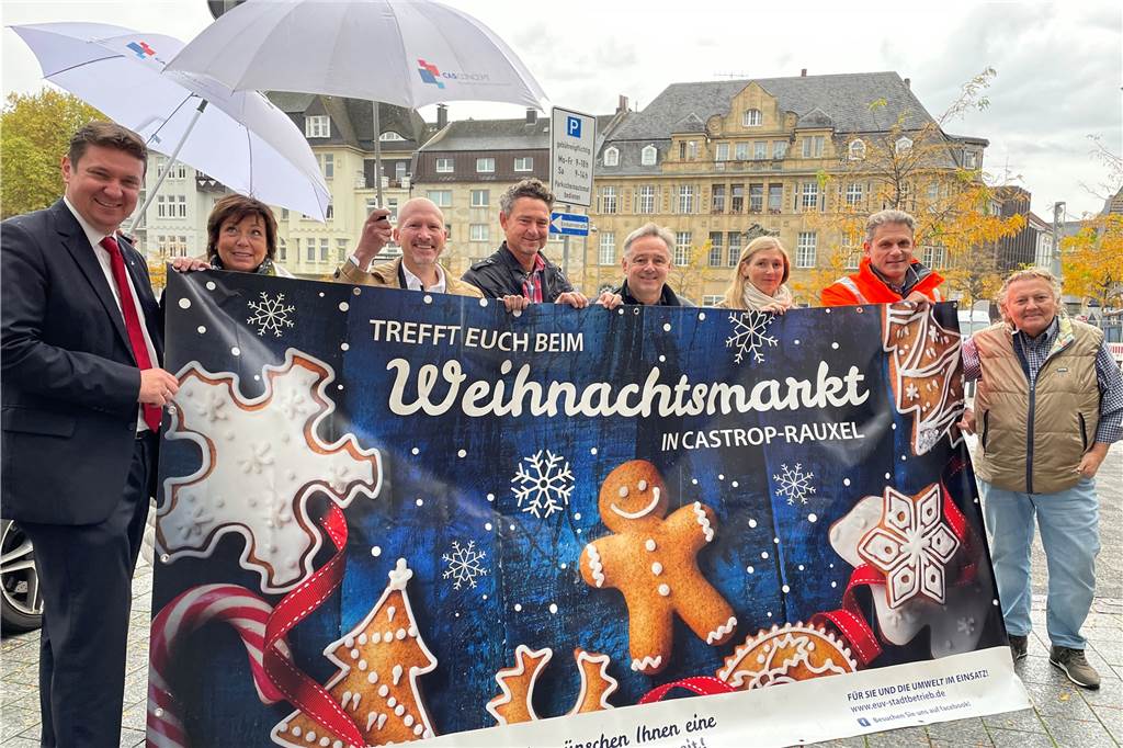 Weihnachtsmarkt und Ab ins Zelt: Die Pläne für Castrop im Überblick Bürgermeister Rajko Kravanja (v.l.) mit Edith Delord (CasConcept), Volksbank-Chef Markus Goeke, Schausteller Thorsten und Frank Philipp, Gastronomin Lilli Leuthold, EUV-Vize Thorsten Werth-von Kampen und Gastronom Bubi Leuthold freuen sich auf den Weihnachtsmarkt in Castrop.