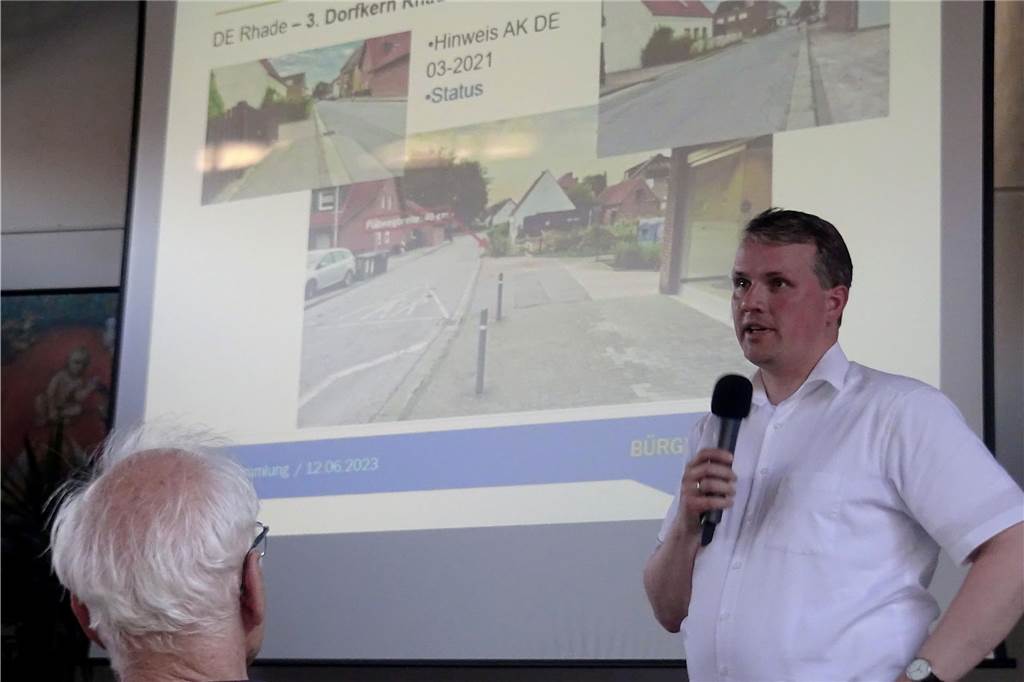 Bürgerforum Rhade: Weiter Ärger über Bebauung und Engpass Bürgermeister Tobias Stockhoff erklärte die Sicht der Stadt auf die neue Bebauung an der Debbingstraße.