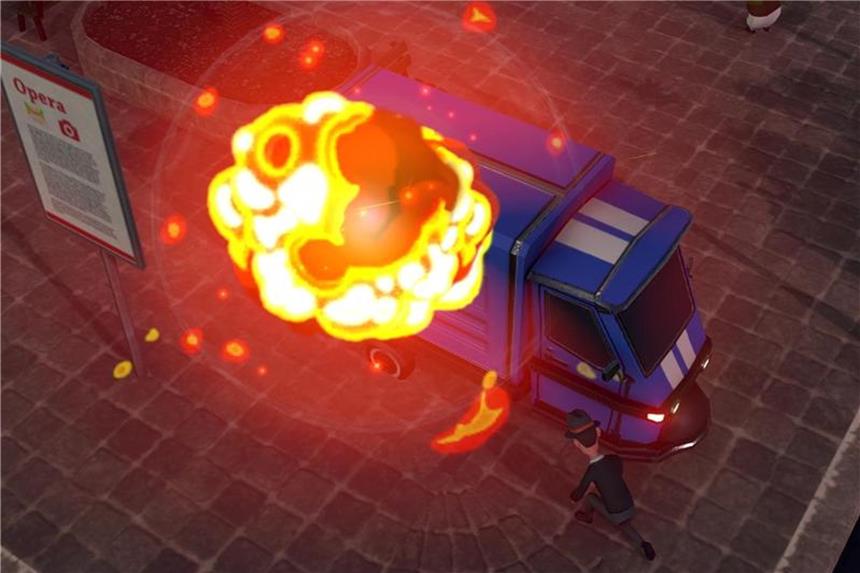 Schlecht aufgewärmt: „Pizza Connection 3“ im Test Bumm! Da zerlegt die Mafia den Verkaufswagen. In „Pizza Connection 3“ können sich Spieler auch Hilfe aus der Unterwelt holen. Foto: Assemble Entertainment