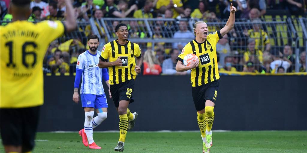 09 Fakten: Neue Bestmarke für Haaland und den BVB - kuriose Bürki-Bilanz BVB-Stürmer Erling Haaland bejubelt seinen Treffer gegen Hertha BSC.