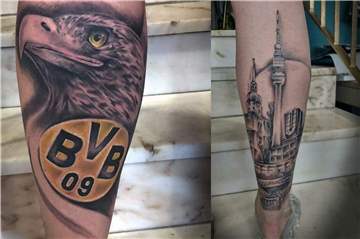 BVB-Tatoos auf den Waden – wie hier von Timo Niebling – sind bei vielen Fans beliebt.