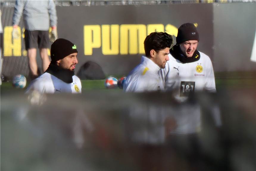 BVB-Rückrundenstart: Kleines Fragezeichen hinter Dahoud - Reyna muss sich gedulden BVB-Training am Donnerstag (v.l.): Emre Can, Mahmoud Dahoud und Julian Brandt.