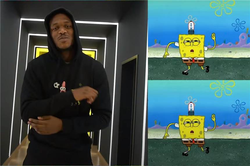BVB-Verteidiger Dan-Axel Zagadou „tanzt“ mit Spongebob Schwammkopf.