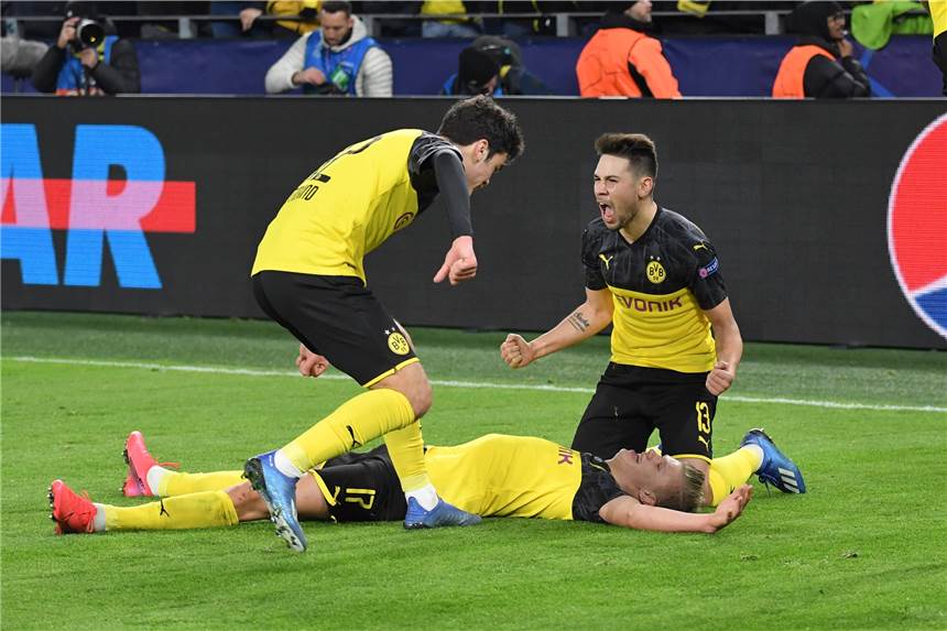 BVB-Wahnsinn gegen Paris: Giovanni Reyna, Erling Haaland und Raphael Guerreiro (v.l.) bejubeln den Treffer zum 2:1.