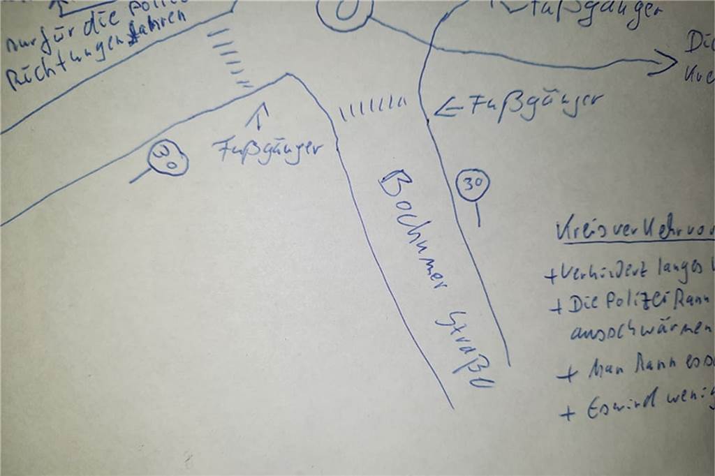 Kreisverkehr am Ende des Altstadtrings? Erste Bürgerideen zum Umbau Christoph "Mücke" Kirchhelle hat gezeichnet. Er kann sich gut einen Kreisel an der Bochumer Straße vorstellen (Anm. d. Red: Die Zeichnung stellt er uns in dieser abgeschnittenen Form zur Verfügung).