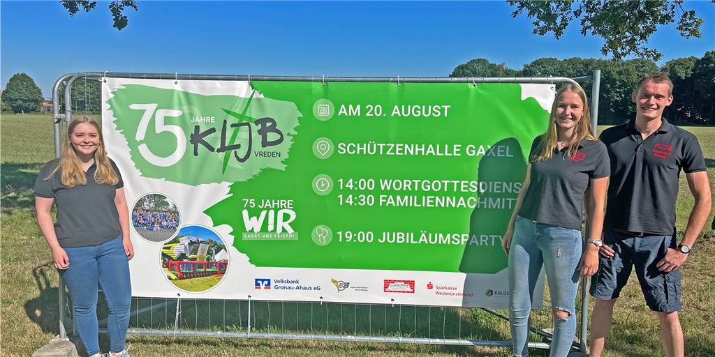 75 Jahre KLJB St. Georg Vreden – eine Geschichte mit Kunderdanz und Bierbike Corinna Niehues, Maria Niehues und Jonathan Herick vom Vorstand der KLJB St. Georg Vreden freuen sich auf das Fest anlässlich des 75-jährigen Jubiläums.