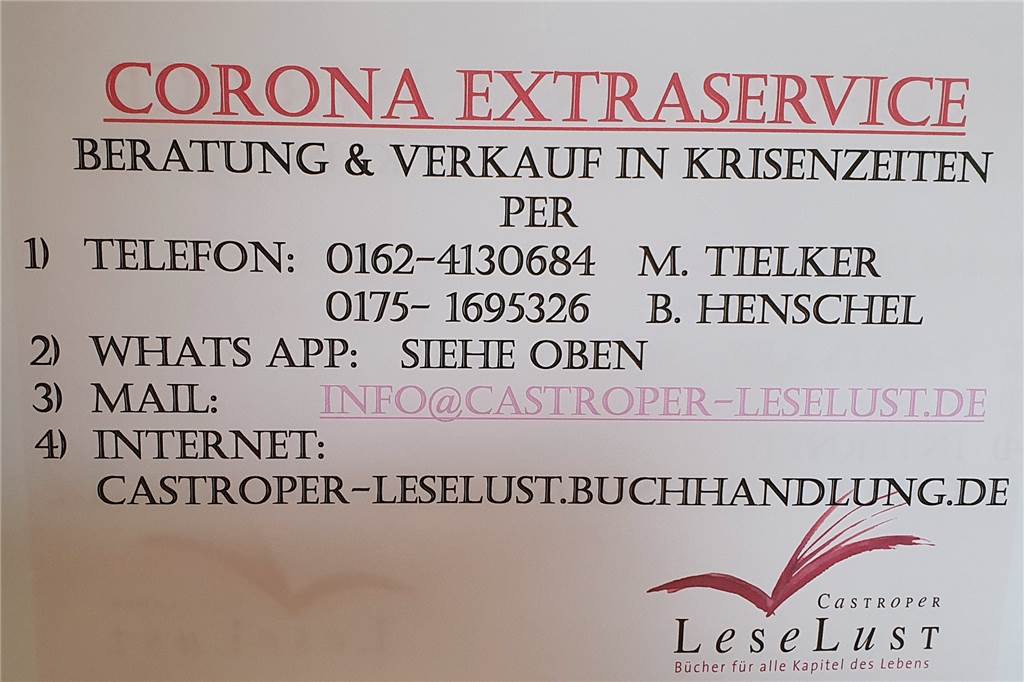 Positives Signal in Zeiten der Ungewissheit: Castroper Leselust wappnet sich in Sachen Corona „Corona-Extraservice“ der Castroper Leselust