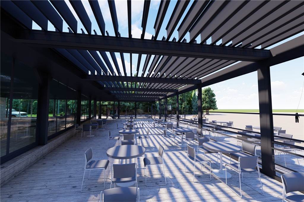 Am Café Seepark entsteht ein wettergeschützter Außenbereich Dadurch dass sich die Lamellen auf dem Dach drehen und auch ganz öffnen lassen, sind Licht und Schatten in der neuen Pergola dann möglich.