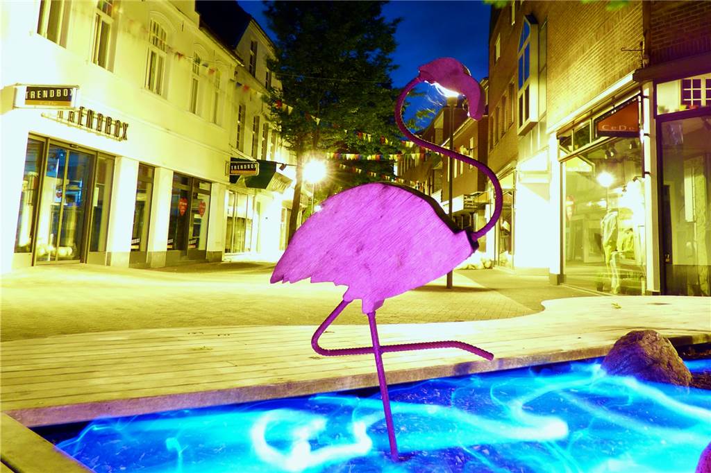 Mit Video: Hobby-Fotograf Christian Düsterhöft malt Bilder mit Taschenlampen Dank Lightpainting stehen die Flamingos in der Innenstadt in blau leuchtendem Wasser.