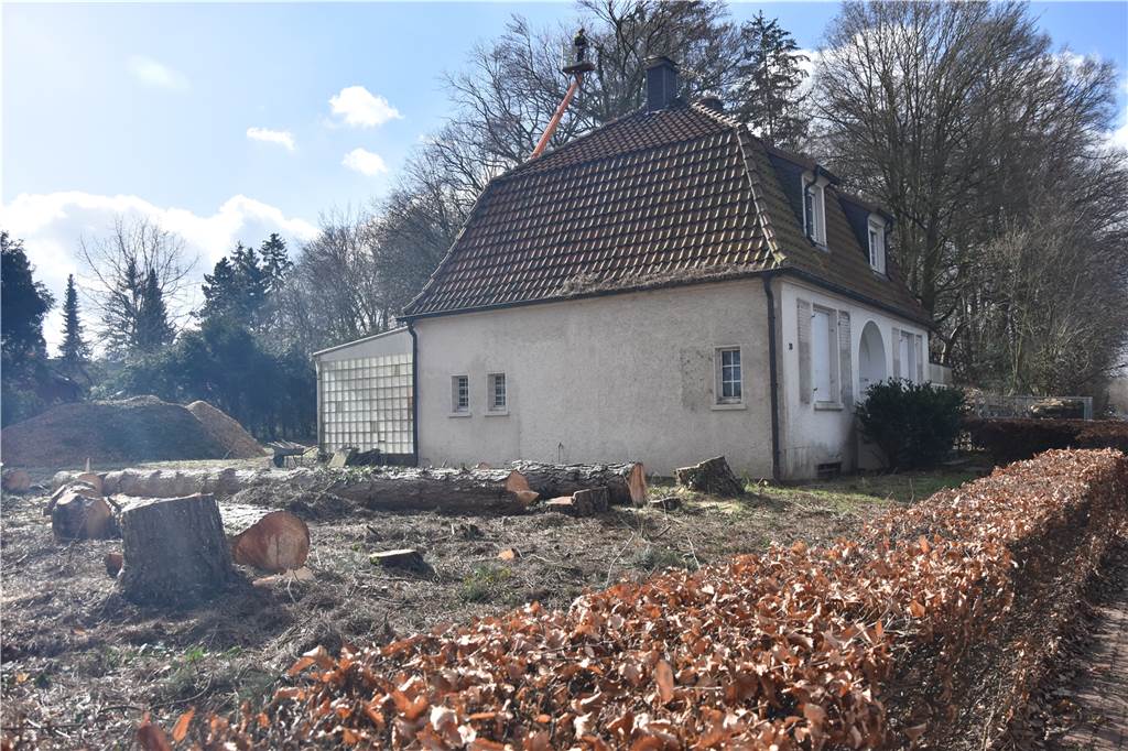 Gärtnerhaus in Bork: Eigentümer hat neue Pläne mit dem alten Gebäude Das alte Gärtnerhaus an der Netteberger Straße. Die Tannen auf dem Grundstück waren Ende Februar gefällt worden.