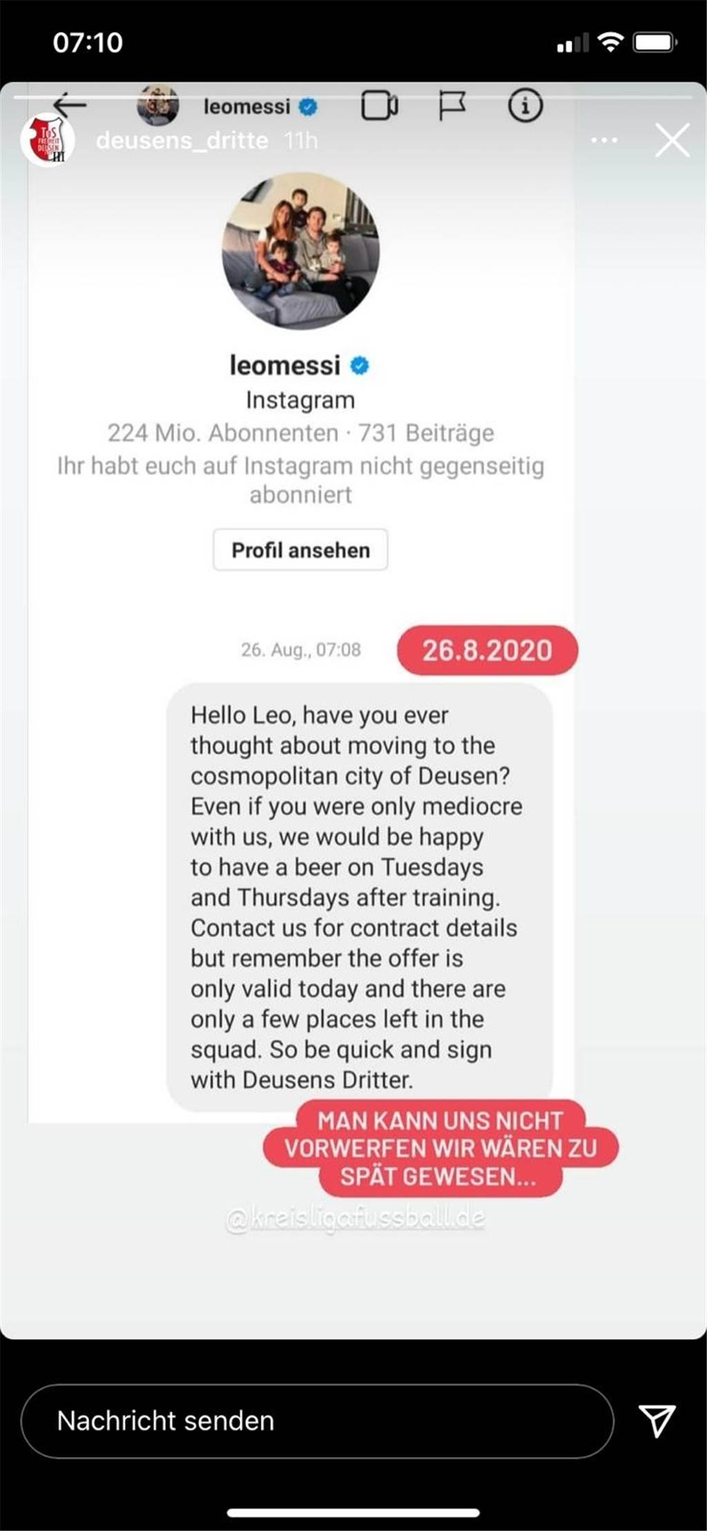 Dortmunder Kreisligist schreibt Weltstar Messi an und nennt Gründe, um zu ihm zu wechseln Das Angebot des TuS Deusen III.