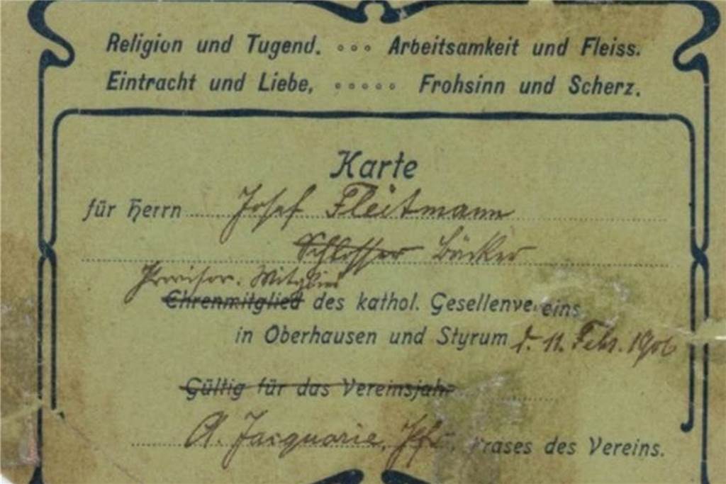 100 Jahre Gemeinschaft: Kolpingsfamilie Horstmar/Niederaden feiert Das Bild zeigt eines der ältesten erhaltenen Dokumente der Kolpingsfamilie Lünen-Horstmar/Niederaden, eine Mitgliedkarte der Wandergruppe.