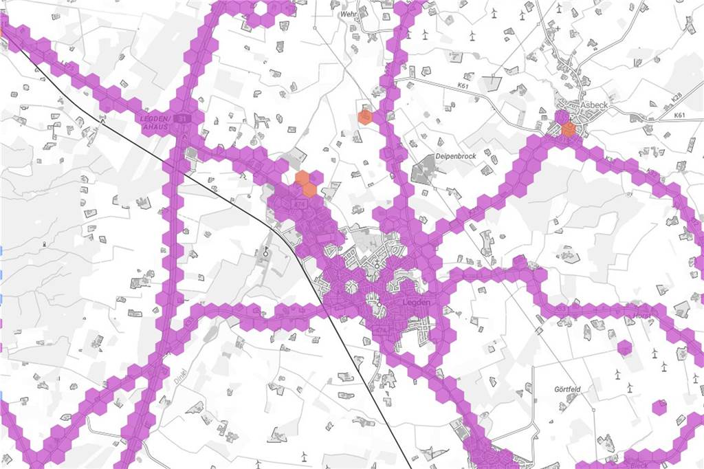 Mobilfunklöcher in Legden per App melden Karte mit farblicher Kennzeichnung der Mobilfunknetzabdeckung in Legden.