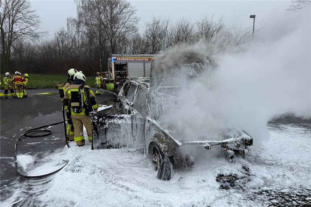 Flammen zerstören BMW auf A31-Rastplatz in Holsterhausen Feuerwehrleute stehen an einem ausgebrannten Fahrzeug auf dem Rastplatz Holsterhausen an der A31.