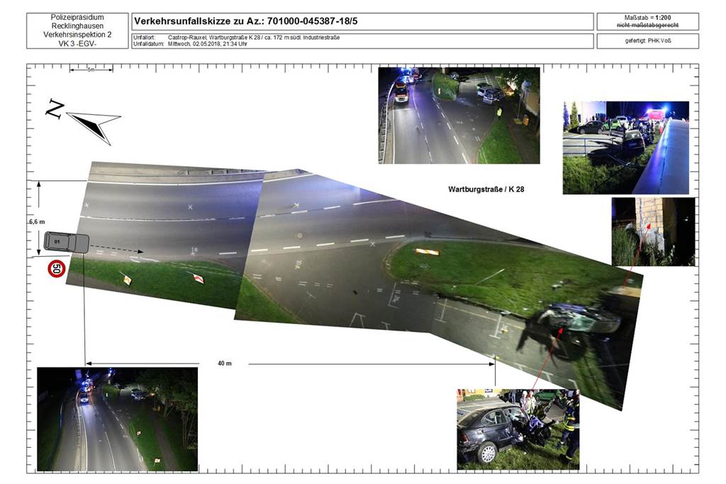 Schritt für Schritt: So rekonstruiert ein Ermittlungsteam der Polizei die Unfallursachen Das fertige Monobild, zusammengestellt aus den Planquadraten am Unfallort. In diesem Fall war am 2. Mai 2018 ein Fahrer an der Wartburgstraße alkoholbedingt von der Fahrbahn abgekommen und gegen einen Brückenpfeiler gefahren. Der Fahrer verletzte sich leicht, der Beifahrer lebensgefährlich.