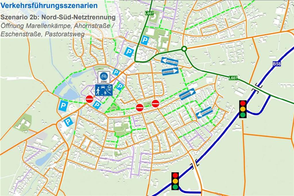 Mit Sperrung der Mittelstraße: Politik will Verkehrskonzept testen Das Foto zeigt, wie die Verkehrsführung in Schermbeck aussehen würde, wenn sich die Schermbecker für das Szenario 2b entscheiden sollten.
