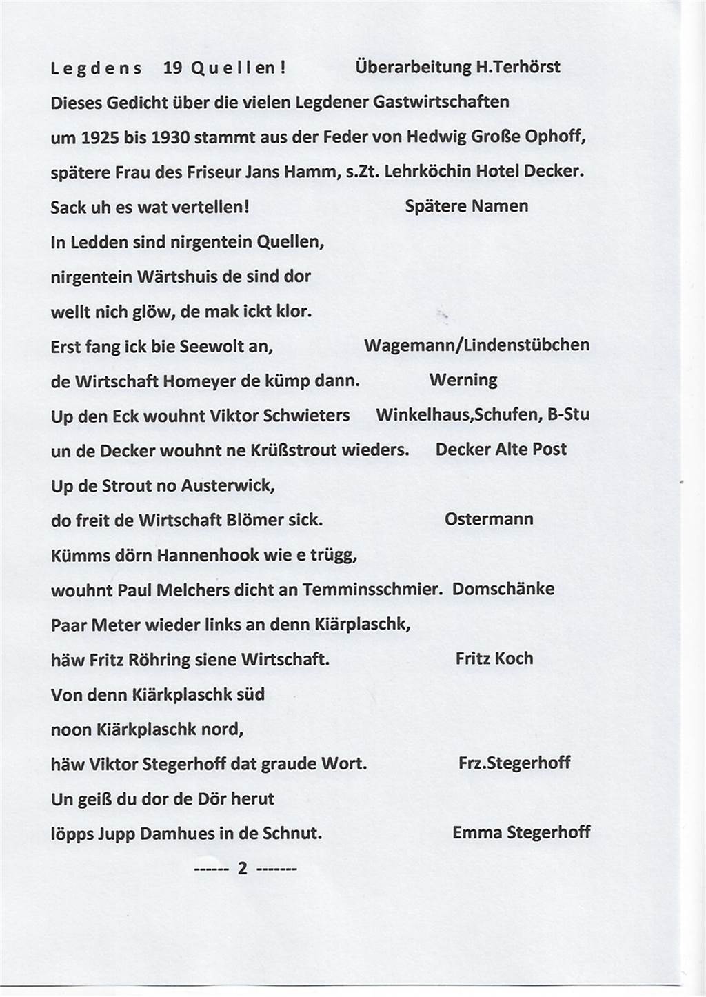 Von den bekannten 19 Legdener „Quellen“ sind ganz viele längst versiegt Das Gedicht von 1930 schwärmt von Legdens "19 Quellen". Am Rand ist der Name der Gasthäuser vermerkt.