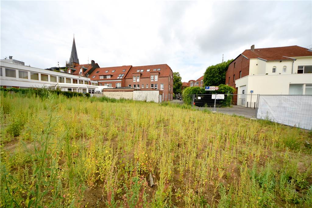 Das Gelände von der Rückseite: Links die alte Volksbank, die in jedem Fall abgerissen wird. In der Mitte die Einfahrt zur Tiefgarage, deren Zukunft noch unklar ist. Und rechts das heutige "Aufhaus" dort seien sowohl eine Sanierung als auch ein kompletter Abriss denkbar. 