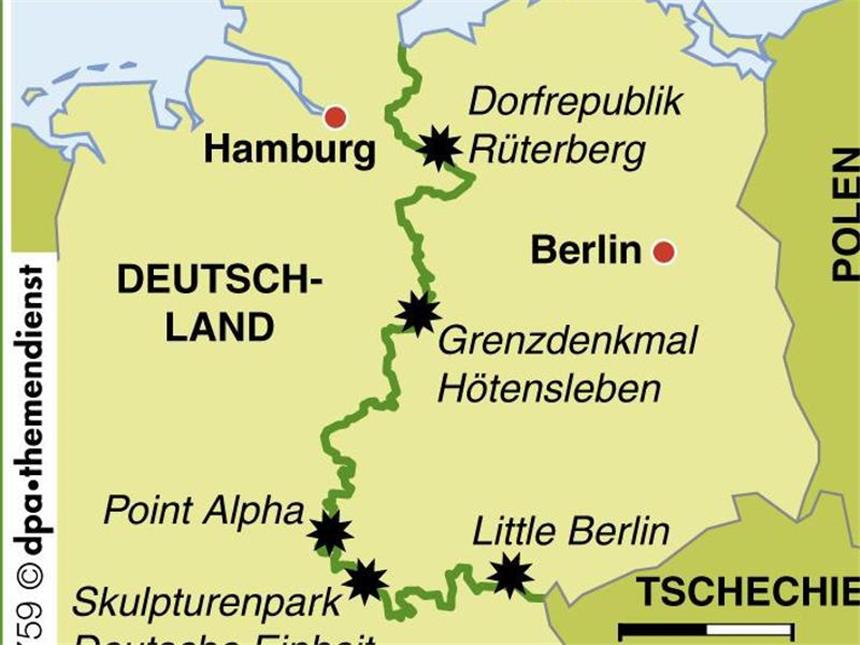 Deutsche Teilung: Zeitgeschichte entlang des Grünen Bandes Das Grüne Band zieht sich auf einer Länge von knapp 1400 Kilometern durch Deutschland und markiert die ehemalige innerdeutsche Grenze. Foto: dpa-infografik