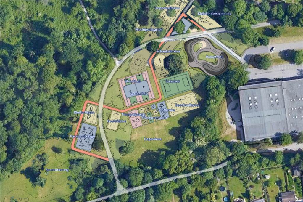Grünes Licht und viel Geld für Castrop-Rauxeler Super-Spielplatz vom Land Das Hallenbad (rechts im Bild) verdeckt vom Stadtmittelpunkt aus den neuen Spiel- und Bewegungspark, der auf der Wiese entstehen soll.