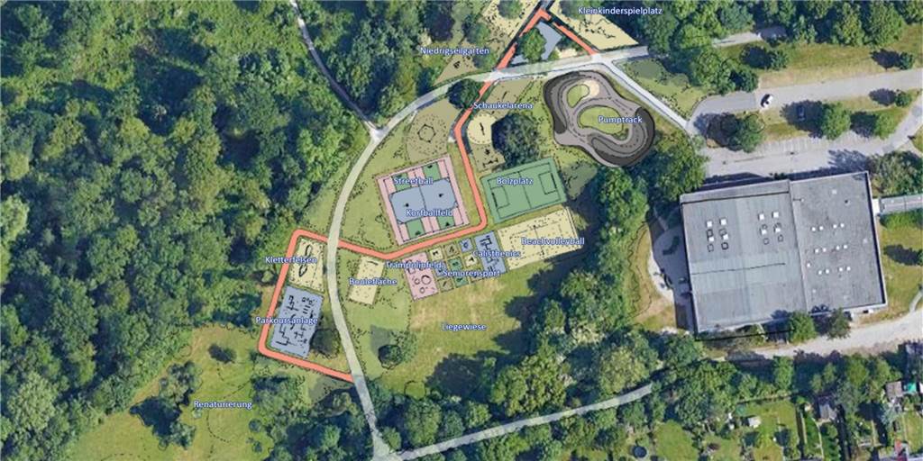 Gut gemacht, Castrop-Rauxel! Der Spielplatz wird zum Super-Sportplatz Das Hallenbad (rechts im Bild) verdeckt vom Stadtmittelpunkt aus den neuen Spiel- und Bewegungspark, der auf der Wiese entstehen soll.
