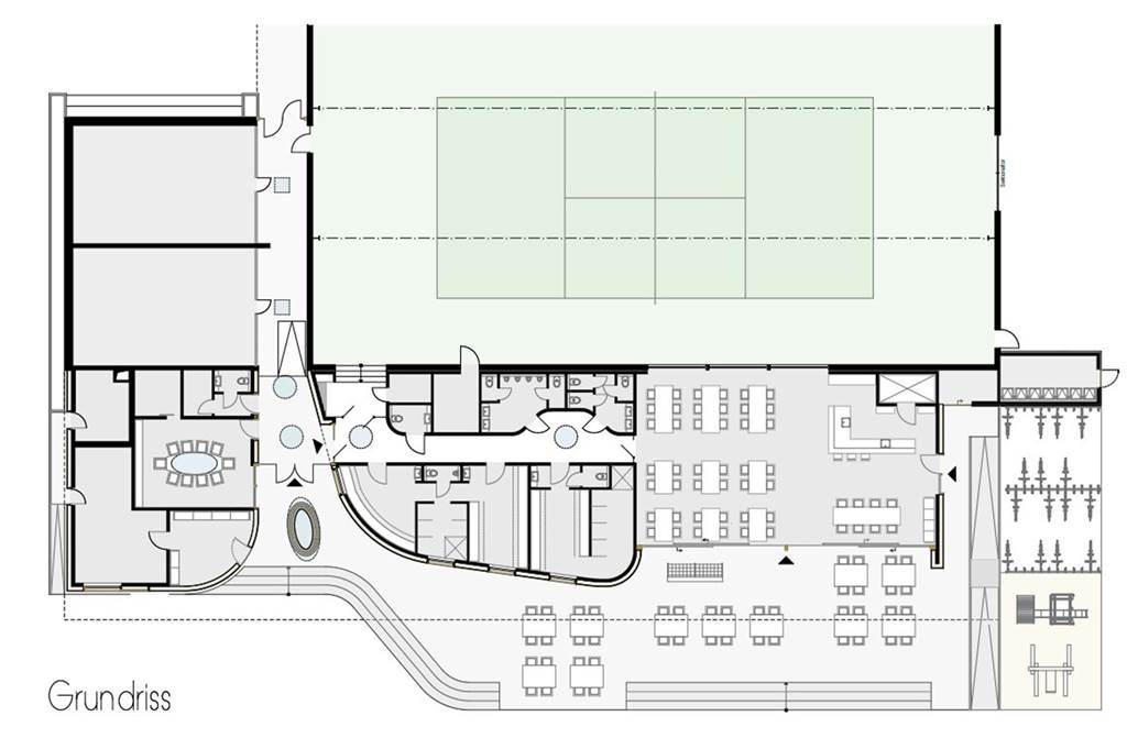 Das Herzstück der Neubaupläne: Das neue Vereinsheim mit vielen Sitzplätzen, überdachter Außenterrasse, Umkleiden, Duschen, Toiletten und Vorstandsraum.