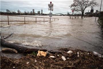 Das Hochwasser des Rheins schwappt in Köln über die Promenade. Foto: Federico Gambarini