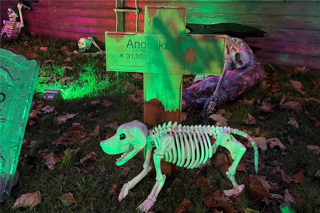 Das Horrorhaus an der Recklinghauser Straße 39 ist wieder gruselig geschmückt. Das Geisterschiff und allerlei andere Spukelemente stehen im Vorgarten von Sonja Schink.
