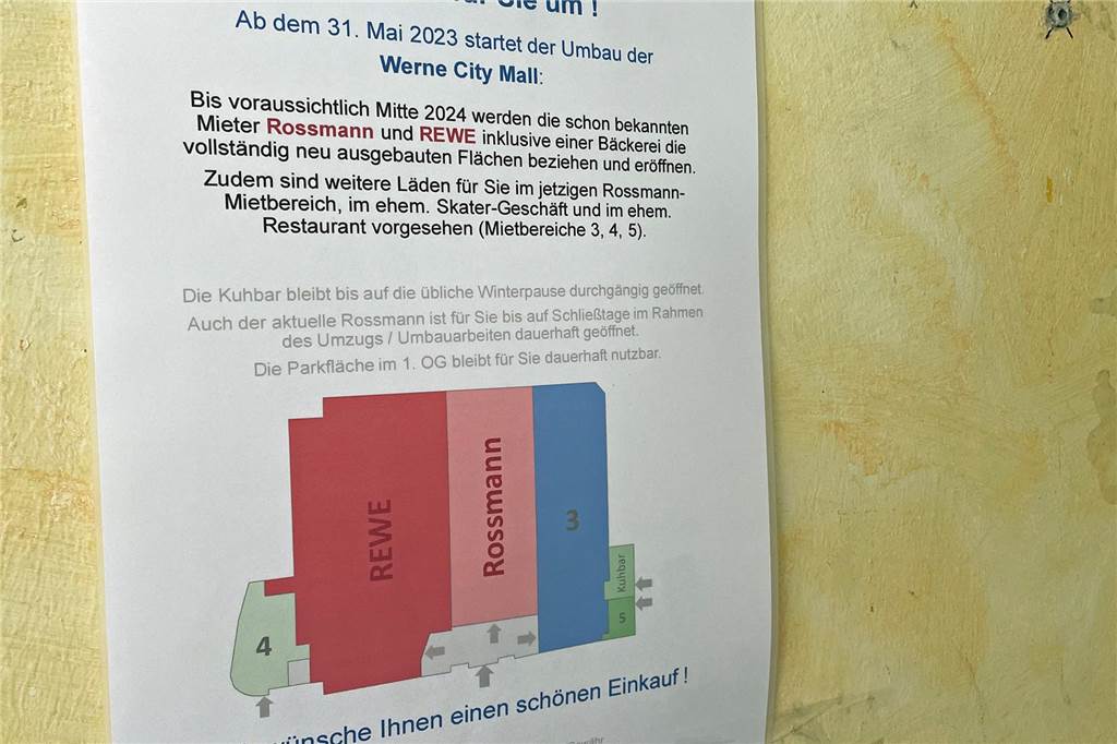Umbau des Horne-Centers: Jetzt steht der neue Rewe-Betreiber fest Das Infoblatt zeigt ungefähr die Aufteilung in der „Werne City Mall“.