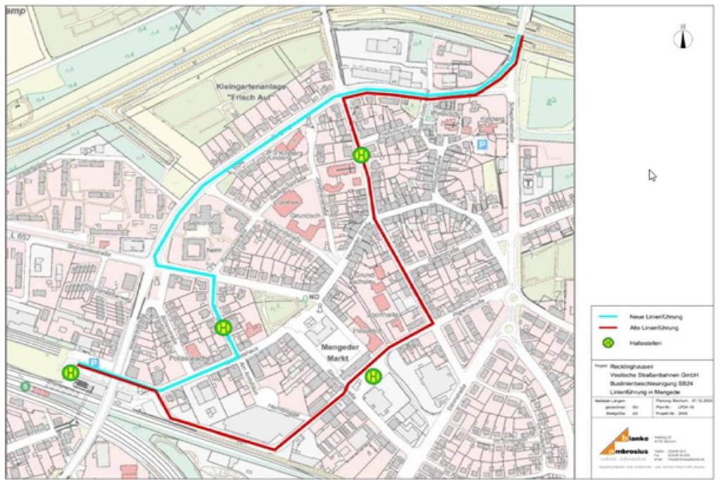 Zwei Haltestellen entfallen: SB 24 fährt anderen Weg durch Mengede Karte mit der alten und der künftigen Linienführung des SB 24.