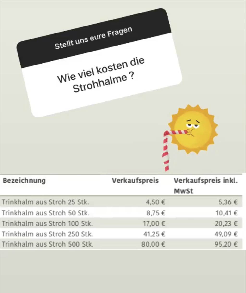 Strohhalme aus echtem Stroh: Junge Castrop-Rauxeler starten nachhaltiges Projekt Das ist aktuell die Preisliste, nach der die Kunden bezahlen.