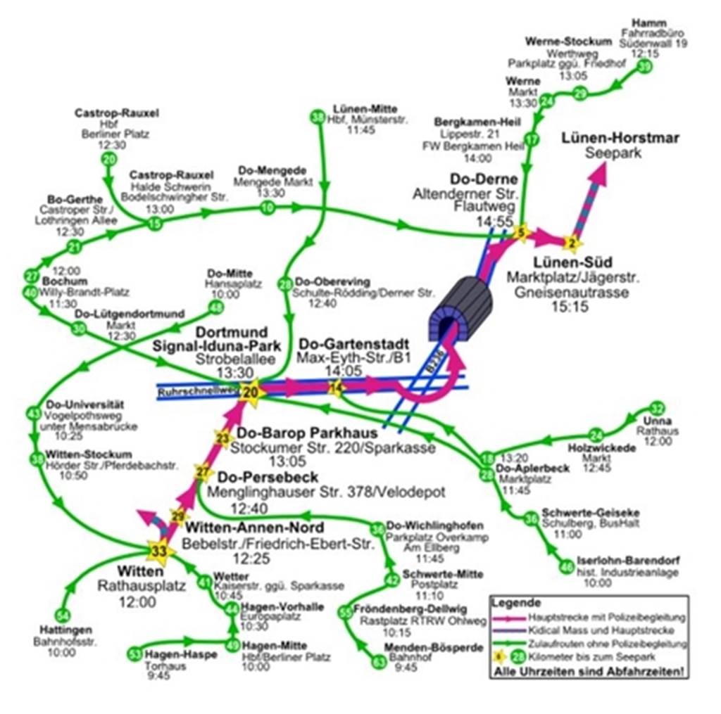 Das ist der Streckenplan für die Fahrradsternfahrt Ruhr am 19. September mit Zulaufrouten.