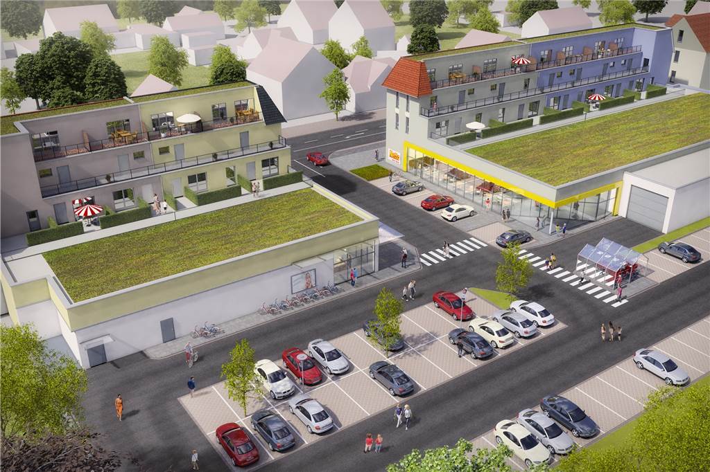 Neubauten für Kreisstraße in Selm: Das plant Ten Brinke nach dem Abriss Das ist die Ansicht der neuen Gebäude an der Selmer Kreisstraße von hinten: Parkplätze liegen im Hof. Die Bewohner der 20 Wohnungen blicken auf begrünte Dächer. So sieht es der Planer des Unternehmens Ten Brinke vor.