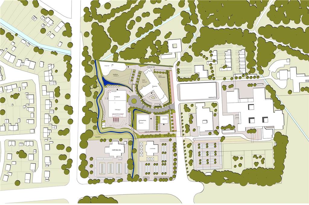 Das ist die Zeichnung des Gesundheitscampus: Rechts ist die EvK-Bebauung zu sehen, unten Café del Sol und die L'Osteria. Die geplanten Neubauten befinden sich zwischen B235 (l.) und Grutholzallee (mitten im Bild von Süd nach Nord).