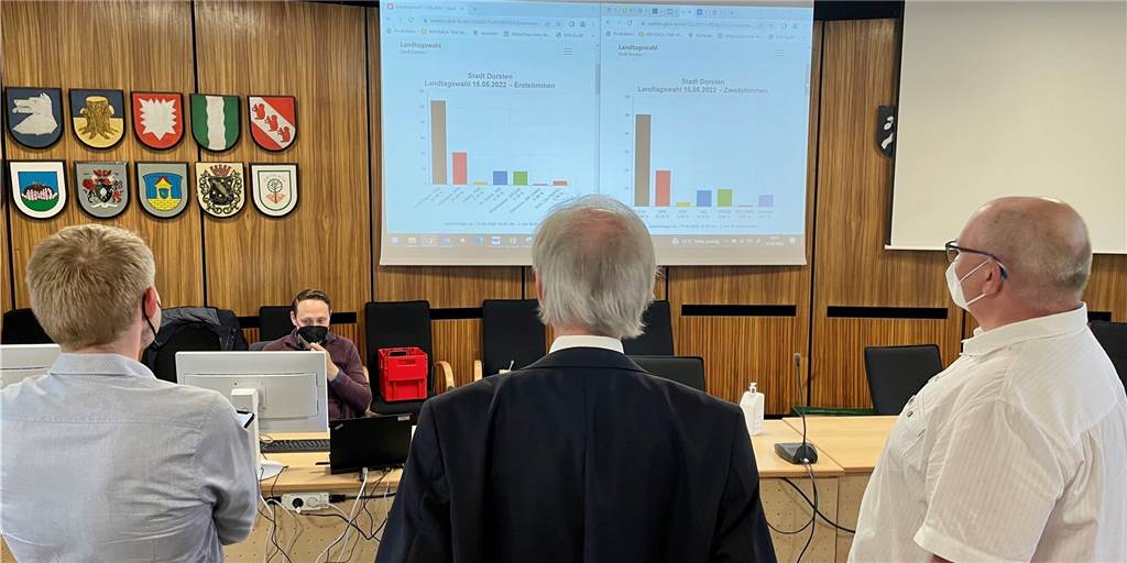 Die Freude über einen Abgeordneten aus Dorsten ist sehr überschaubar Besucher blicken im Ratssaal Dorsten auf die Ergebnisse der Landtagswahl