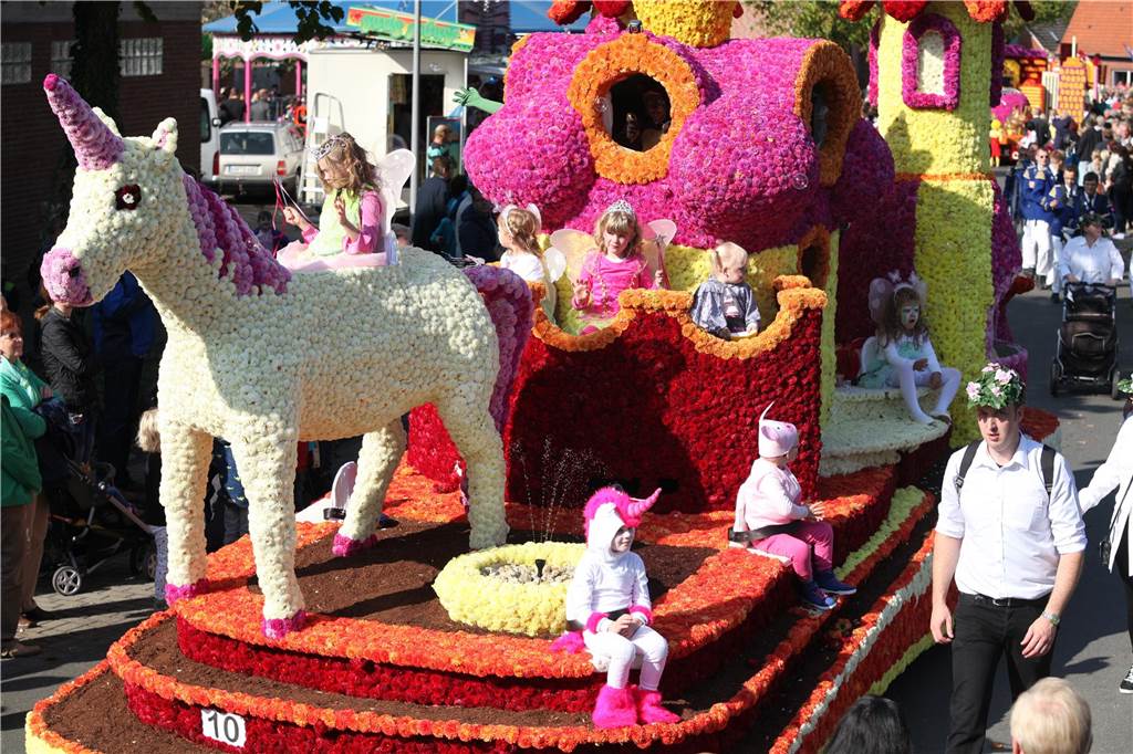 Ein Blick hinter die Kulissen: Hämmern, sägen und schrauben für den Korso Ein mit Dahlien geschmückter Blumenkorsowagen.
