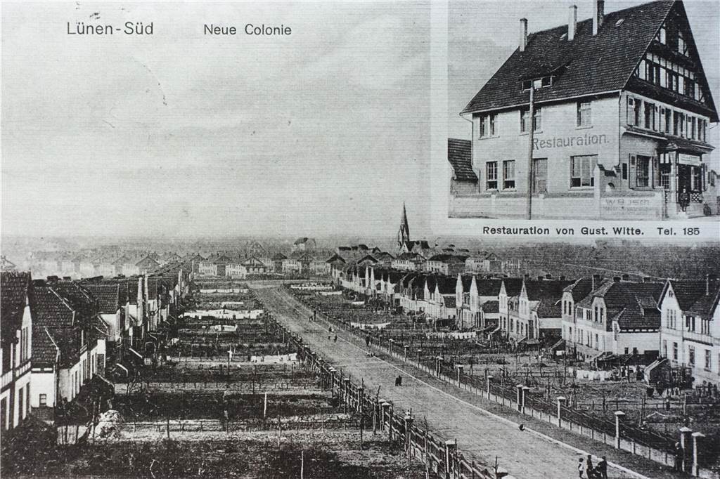 Das ist eine Postkarte um 1910 von der Kolonie in der Hoffmannstraße in Lünen-Süd.