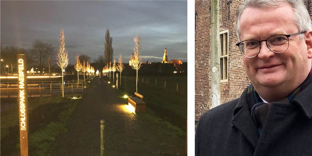 Energiekrise: Bürgermeister Martin Tesing legt Sparliste vor Links: Der Schlosspark von Raesfeld mit Lichtband und beleuchteten Bäumen. Rechts: Bürgermeister Martin Tesing.