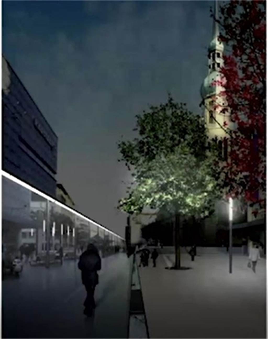 Das Lichtband soll vor allem nachts Akzente auf dem „Boulevard Kampstraße“ setzen. Gut zu erkennen ist auf der Animation auch der schmale Wasserlauf.