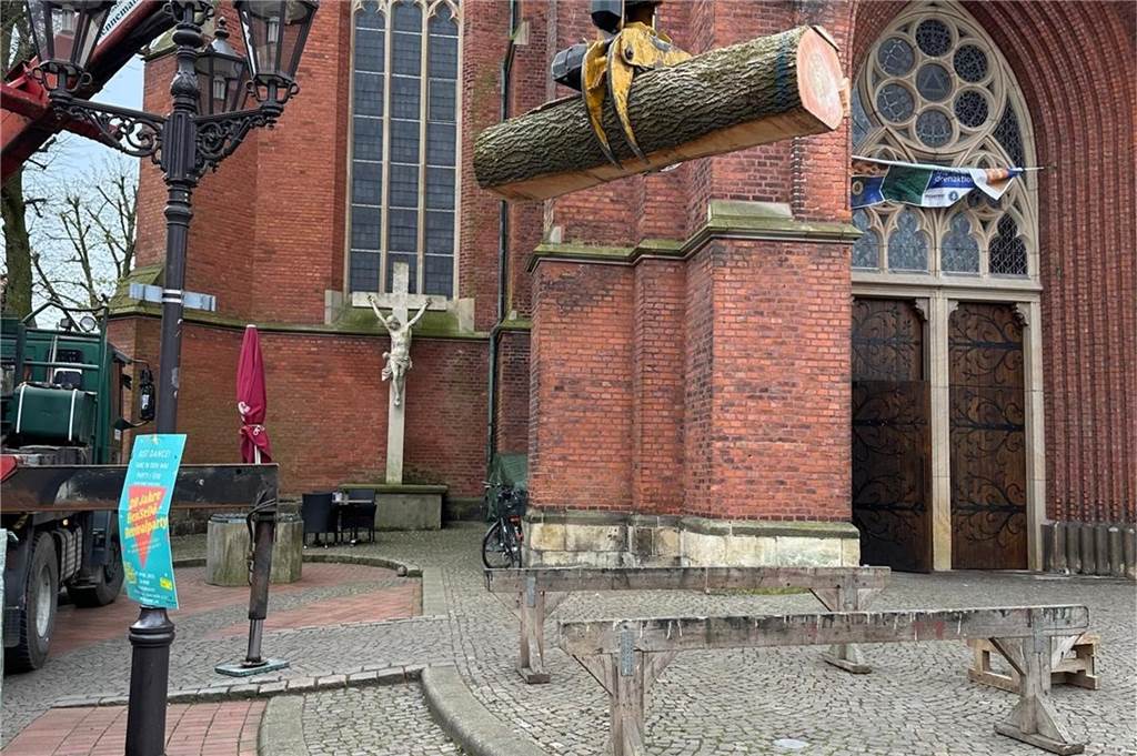 Das Lindenholz schwebt auf dem Alten Markt ein.