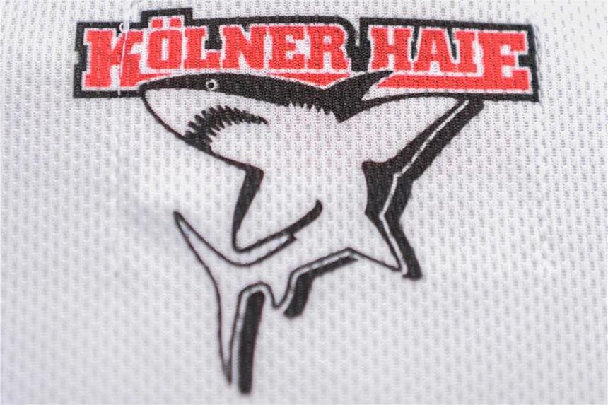 Kölner Haie und Stürmer Wruck lösen Vertrag Das Logo der Kölner Haie auf einem Trikot. Foto: Wolfram Kastl/Archiv