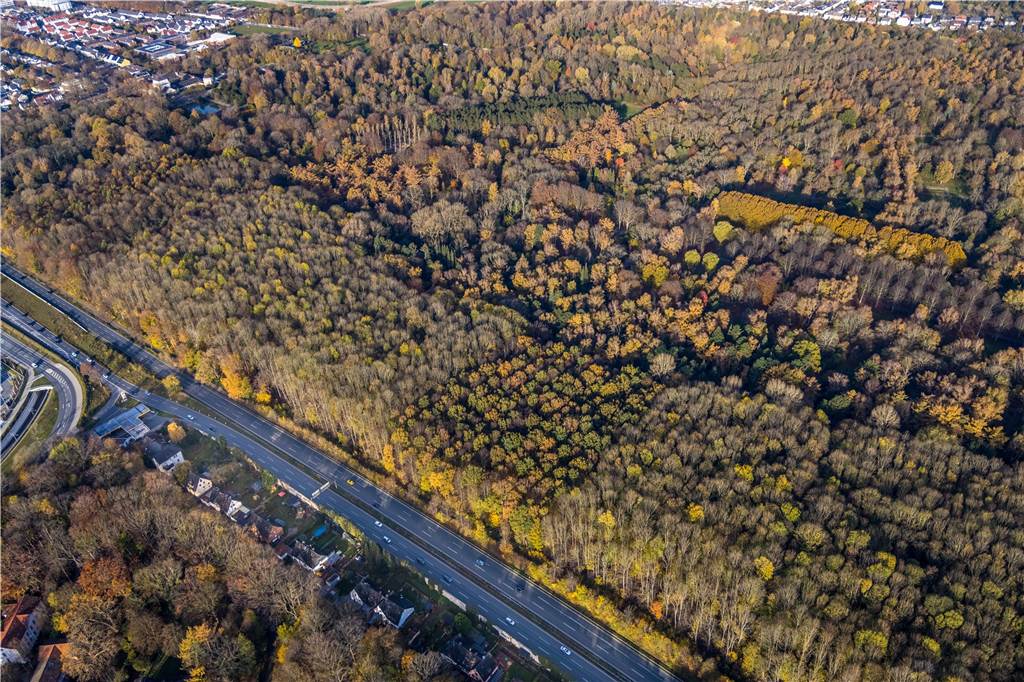Immer mehr Menschen nutzen Friedhöfe als Naherholungsgebiete Das Luftbild zeigt: Der Hauptfriedhof ist eine riesige Grünanlage. Unten ist die B1 zu erkennen.