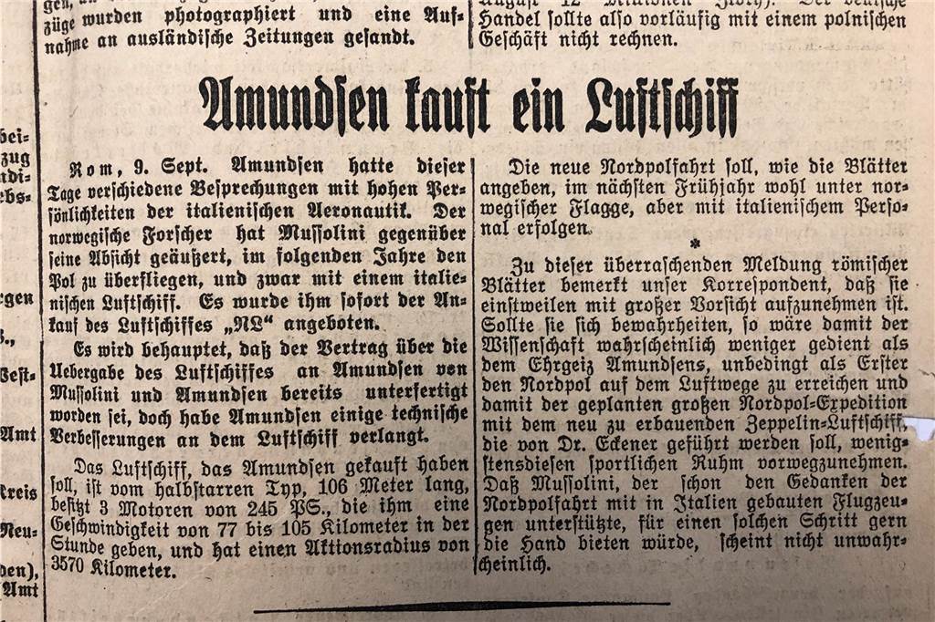 Das Luftschiff, das Amundsen sich gekauft hat wird bei einigen seiner Expeditionen eine große Rolle spielen. 
