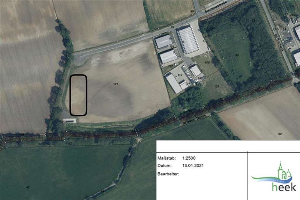 Klärschlamm-Verwertungsanlage: Risikoabwägung steht im Fokus Das markierte Grundstück im Gewerbegebiet Heek-West käme für die geplante KVA in Frage.