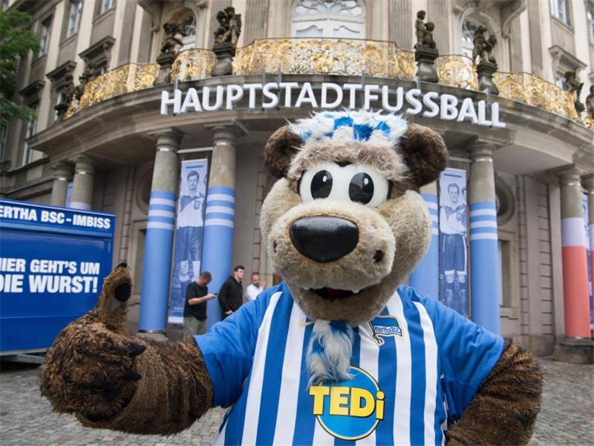 Das Maskottchen Herthinho vor dem Ephraim-Palais in Berlin. Foto: Soeren Stache