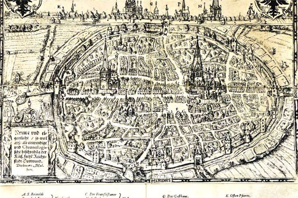 Archäologen entdecken spätantikes Gräberfeld am Grafenhof Das mittelalterliche Stadtbild zeigt die Zeichnung von Detmar Mulher von 1610. Links am Rand der Stadtmauer ist unterhalb des Westentores die Martinskapelle zu erkennen.