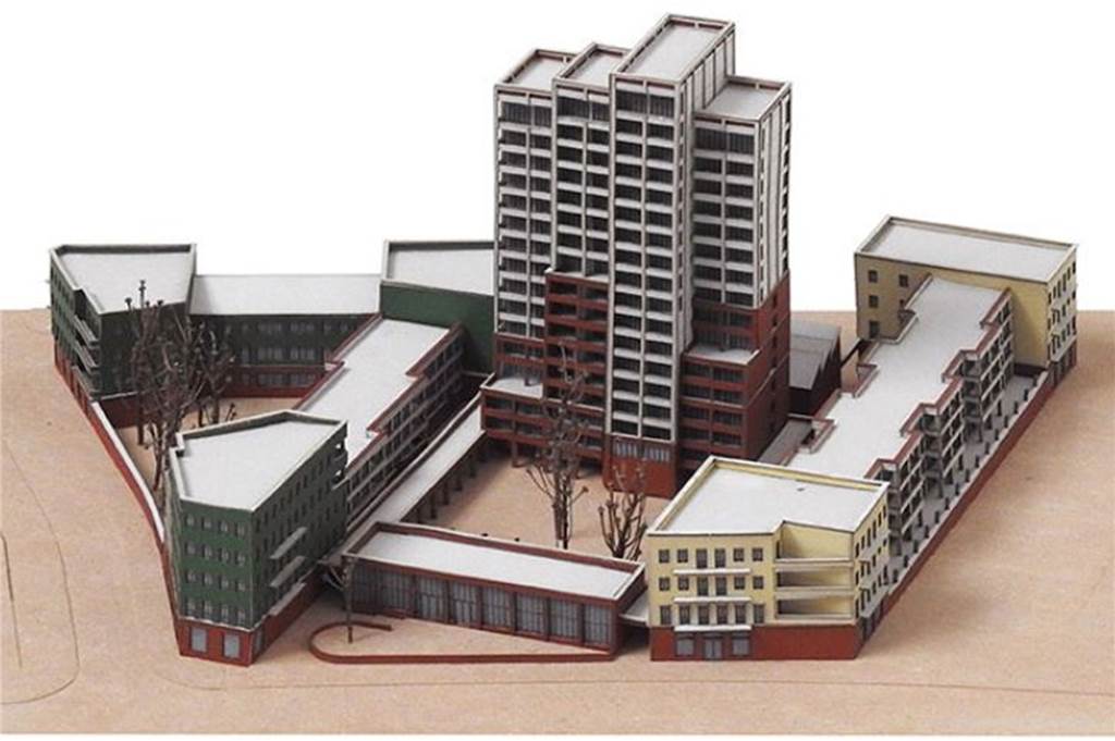 Architekt will „Horror-Hochhaus“ in der Nordstadt vor Abriss bewahren Das Modell zeigt das Ensemble aus alten und neuen Gebäuden, das Jonathan Schmalöer rund um das Hochhaus an der Kielstraße geplant hat.