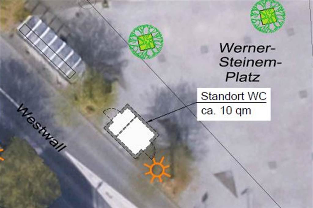 Eine Karte des Werner-Steinem-Platzes von oben zeigt den geplanten Standort des City-WCs in Schwerte.