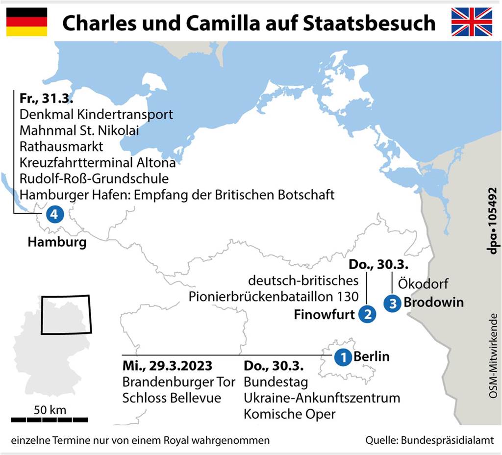 Charles in Deutschland : König hält Rede vor Bundestag und besucht Käserei Grafik einer Deutschlandkarte mit den eingezeichneten Programmpunkten des royalen Staatsbesuches.