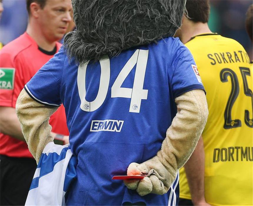 Das Schalker Maskottchen Erwin hat sich die Rote Karte geschnappt.